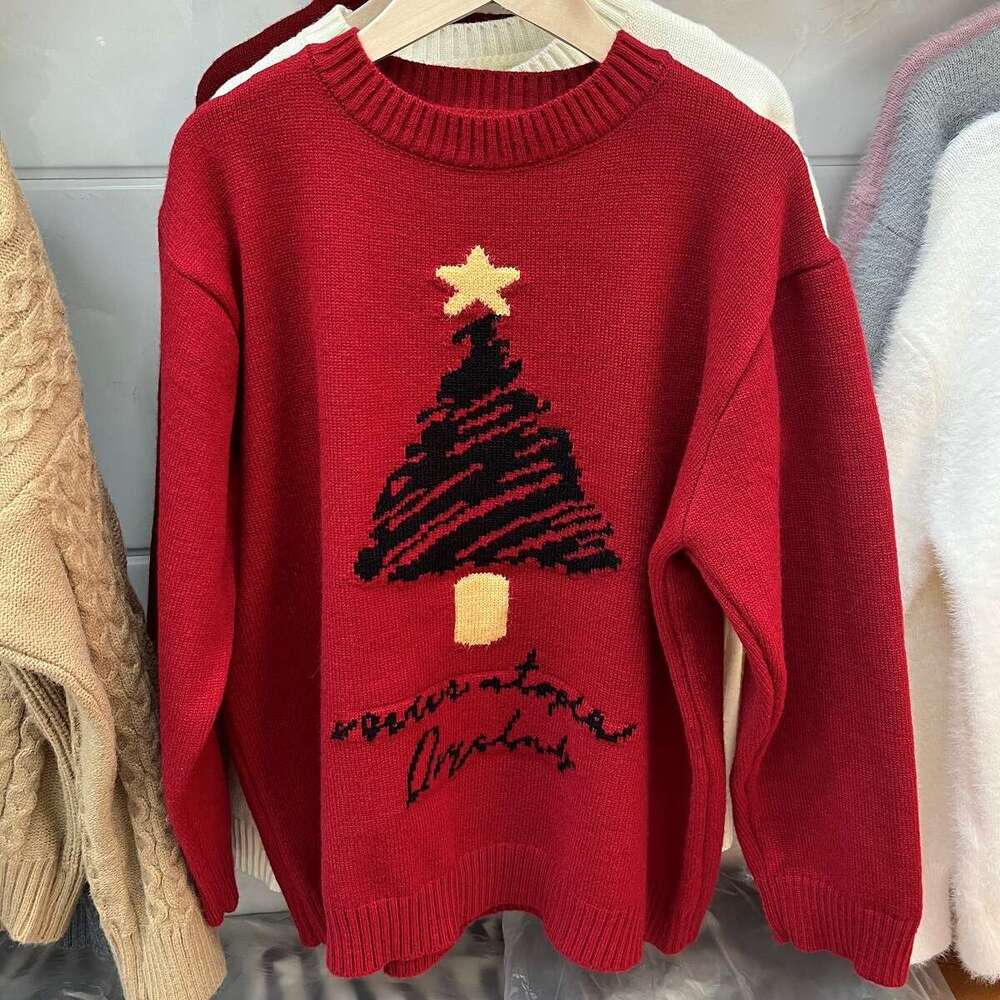 Christmas female atmosphere, autumn and winter lucky tree embroidery, long sleeved round neck knit sweater, loose fit