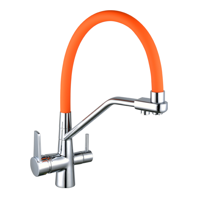 Kitchen faucet brass faucet hot and cold water faucet pure water faucet any telescopic double handle faucet orange tube