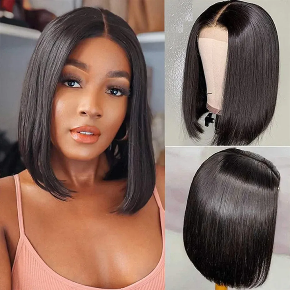 12inch European and American human hair lace front wigs BoBo head short black hair with short straight human hair wig