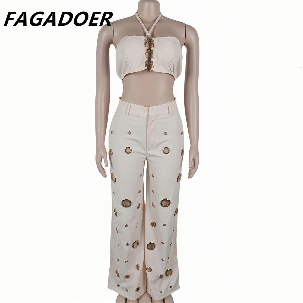 FAGADOER sexy solid hole wide leg pants streetwear womens sleeveless backless crop top and twopiece set 241008