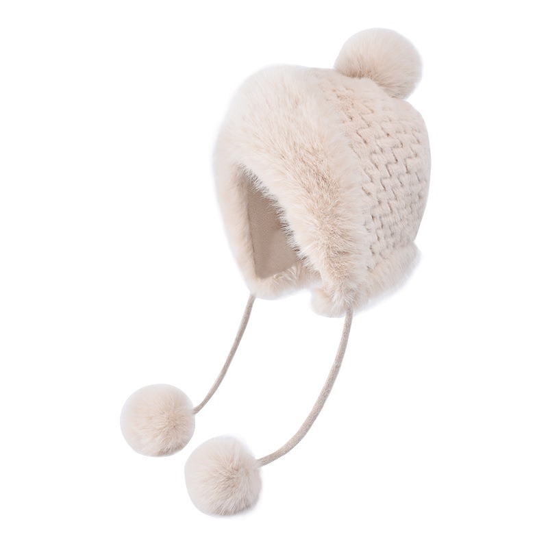 thick Winter anti cold sleeve knitted with plush wool ball for warmth ear protection children's cross-border big head hat from Europe and America