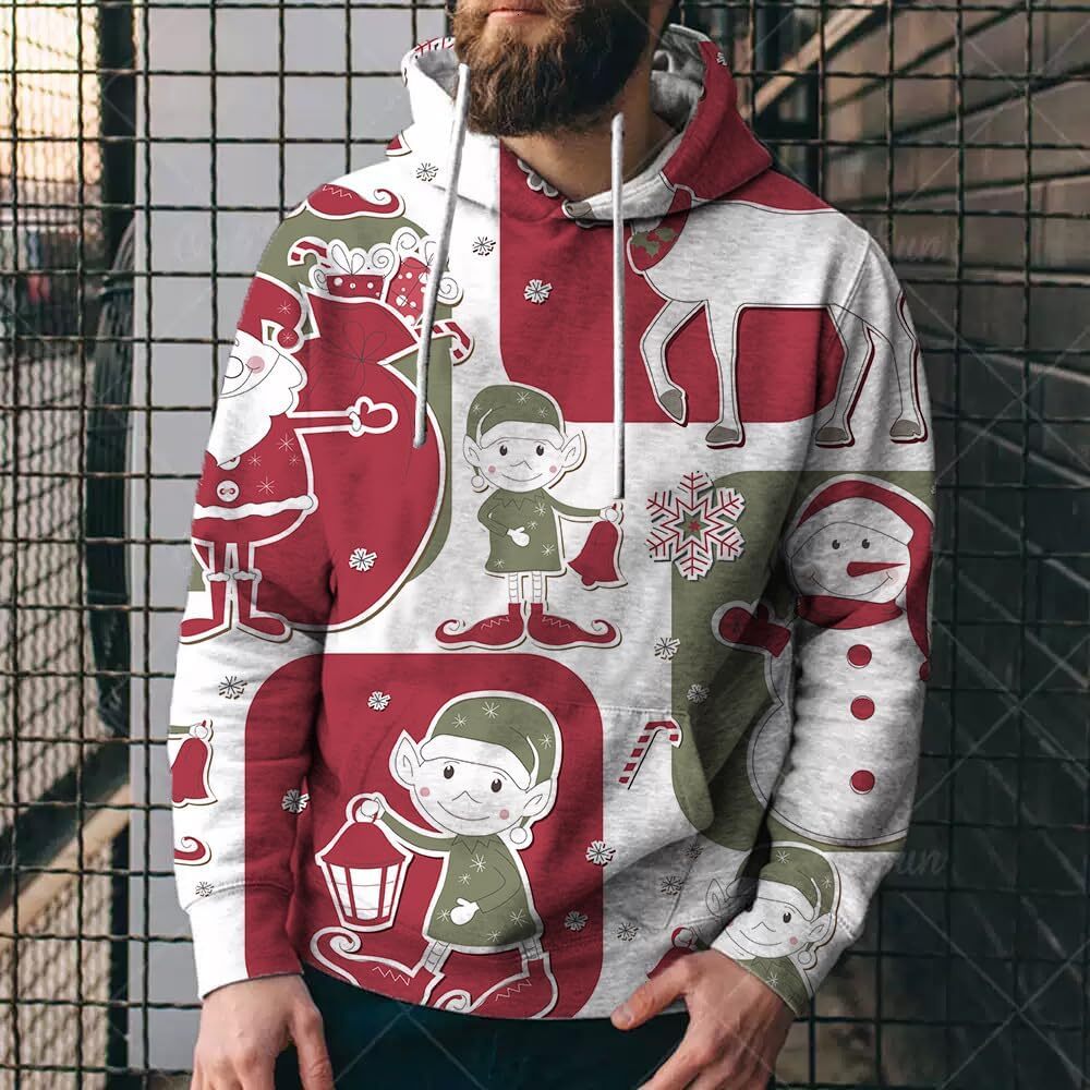 Hoodie for Mens Womens Mens Christmas Hoodies for Men Pullover Xmas Sweatshirts Funny Snowflake Printed Long Sleeve Drawstring Tops Graphic