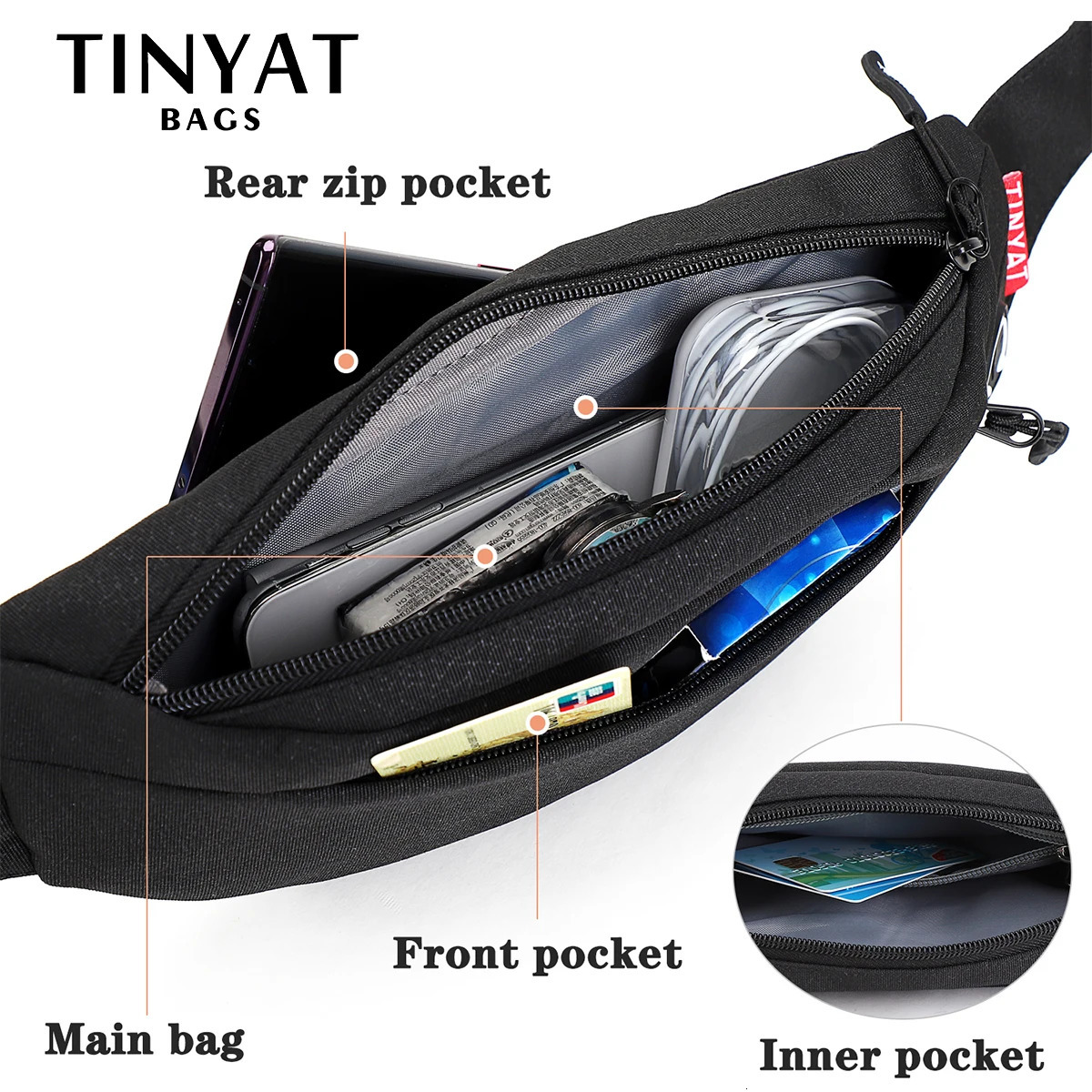 Tinyat mens waist bag wallet casual large phone with bag womens canvas travel phone bag Fanny Banana bag Hip 4 pockets 241008