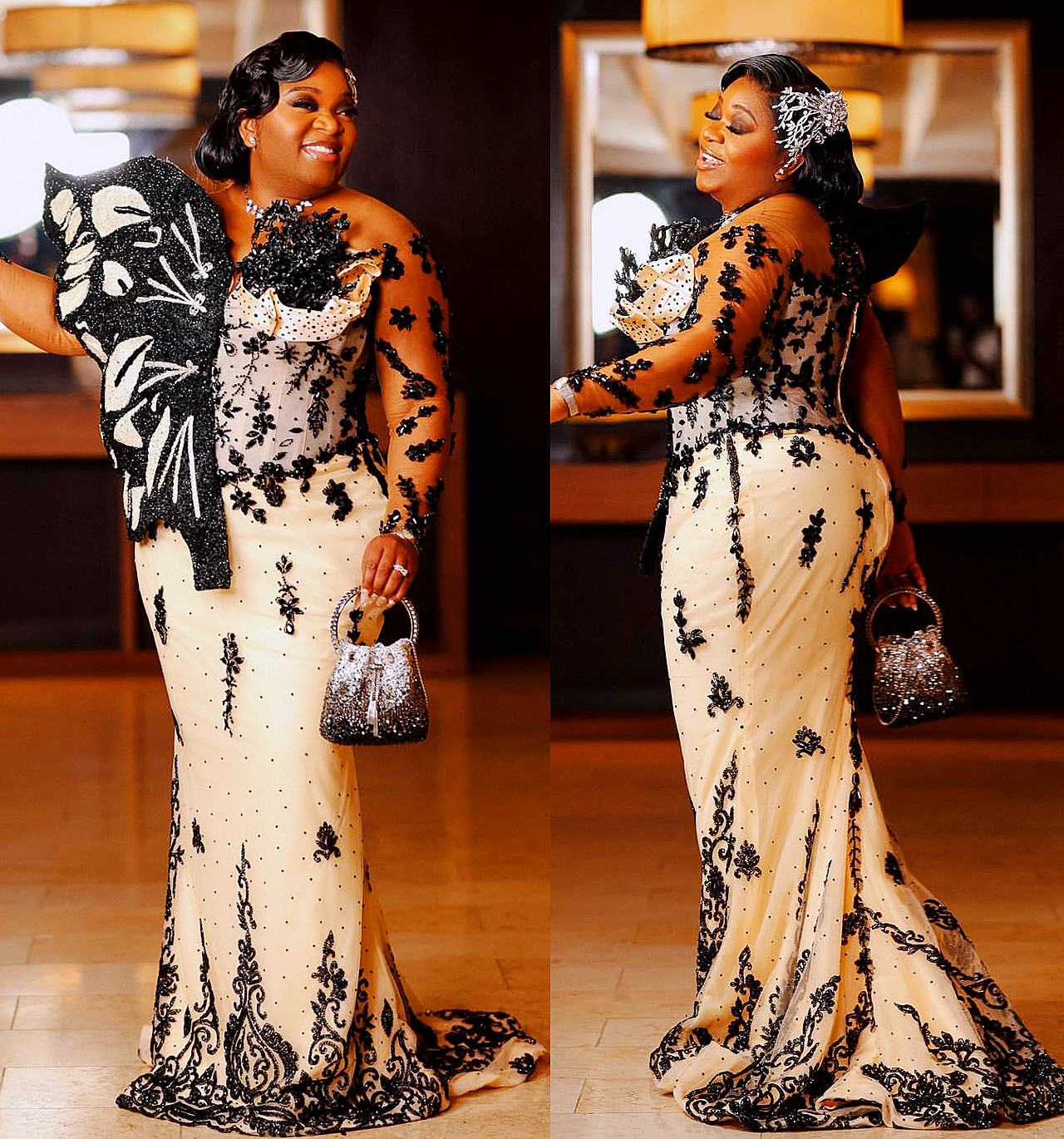 Aso Ebi 2024 Champagne Illusion Mermaid Prom Dresses Lace Beaded Flowers Vintage Evening Formal Party Second Reception Birthday Gowns Dress For Specia