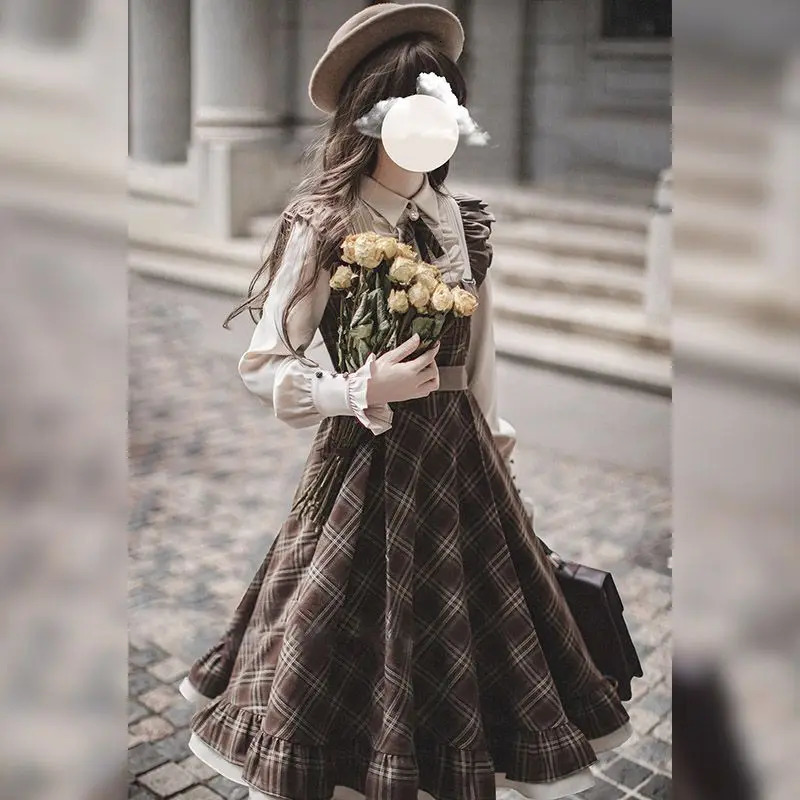 Coalwell military plaid coarse woolen womens clothing autumn and winter vacation two pieces literary sweet retro style long womens clothing 241010