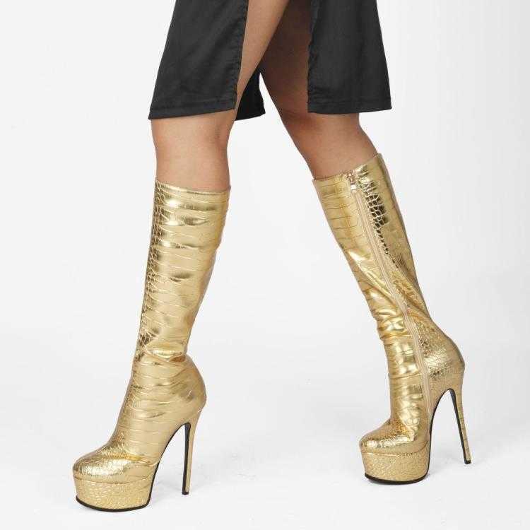 Autumn Winter Fashion Boots Crocodile Patterned Leather Martin Boots Long Tube Boots Water Platform Stiletto High Heels Silver High Tube Boots 240826