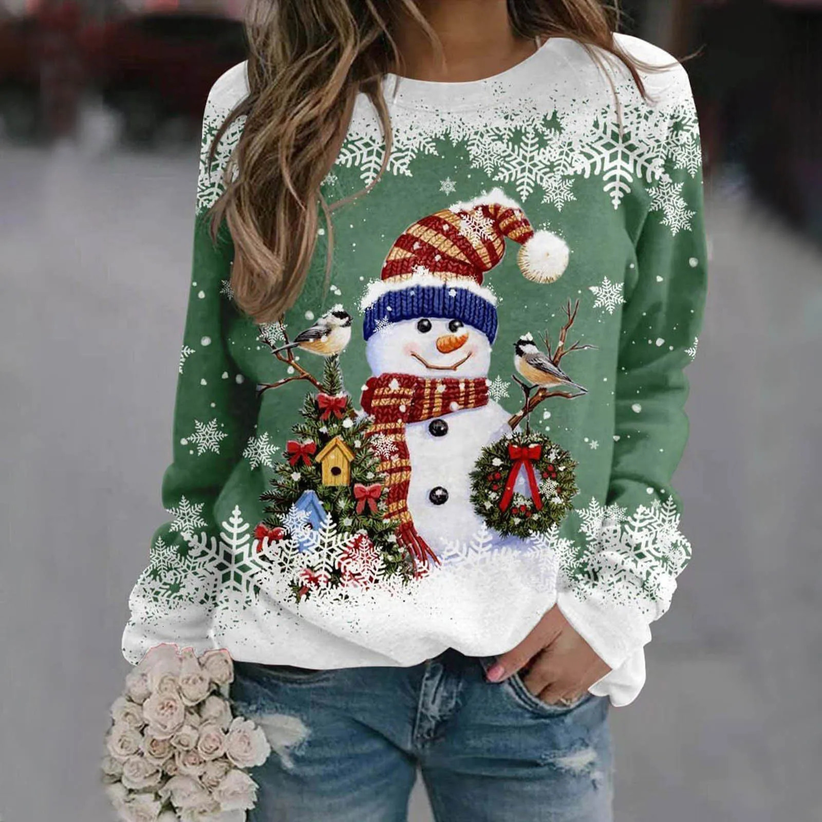 Womens Long Sleeve Sweatshirt Mixed Color Christmas Regular Winter White and Blue Azure White Black Gradient red Sweatshirt 241011