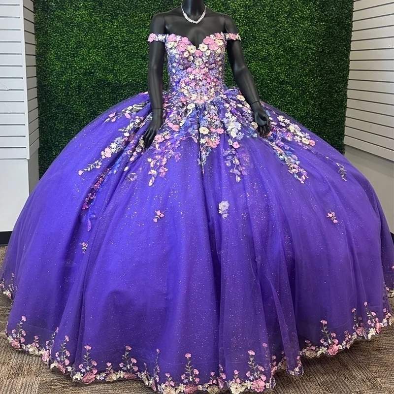 Purple Shiny Quinceanera Dresses Ball Gown Off the Shoulder Applique Lace Tull Birthday Party Dress Sweet 16 Dress Vestido xv 15 Anos