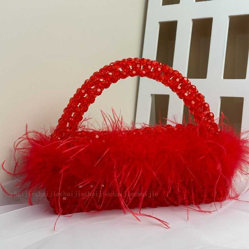 Ostrich Hair Handmade Beaded Bag Autumn/Winter Dinner Fashion Feather Handbag 241015
