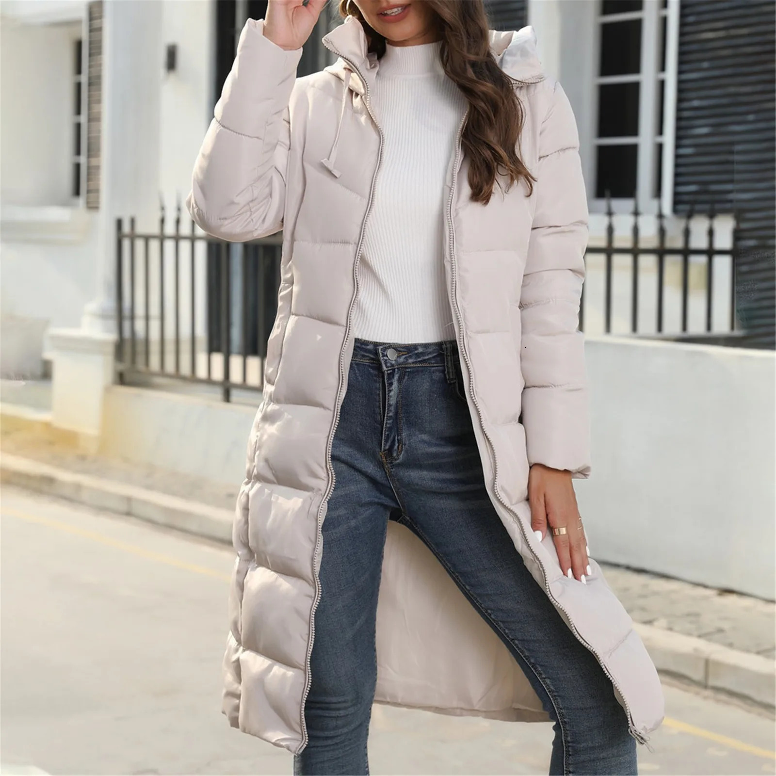 Womens winter coat hooded mid length down jacket ultra-thin suitable for cotton pad jacket large size lightweight warm cotton jacket 3 colors 241011