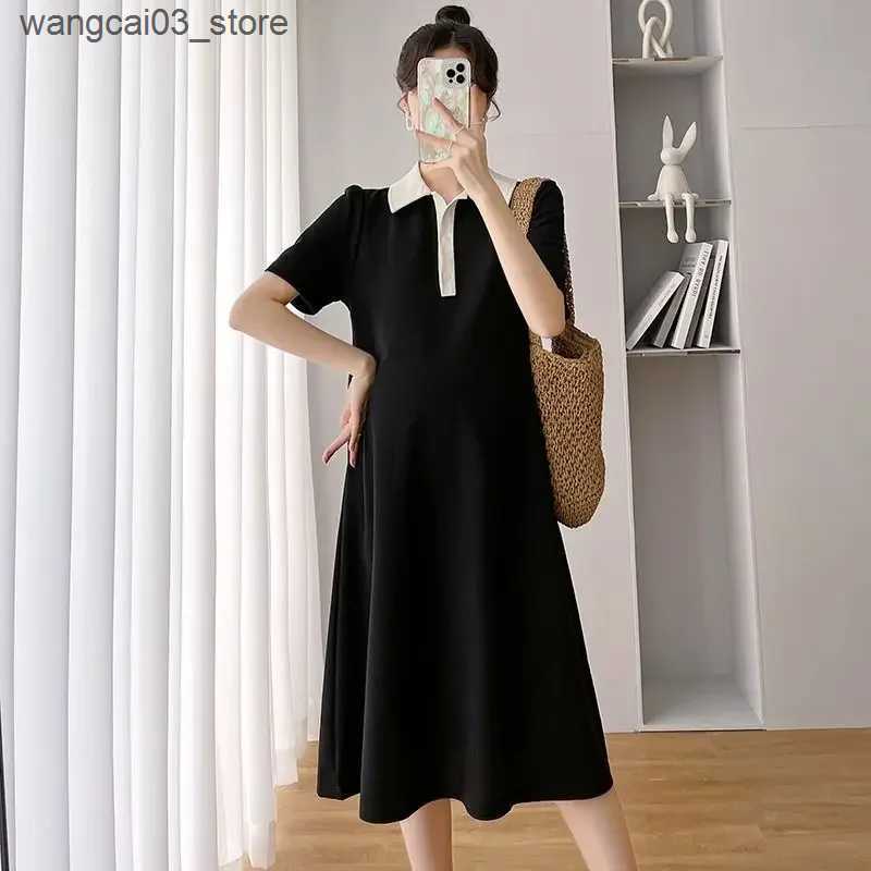 Maternity Dresses Summer Pregnant Women Dresses Maternity Lapel Dress Pregnancy Solid Color Loose Knee A Skirt Female Girls Casual Clothes L240910