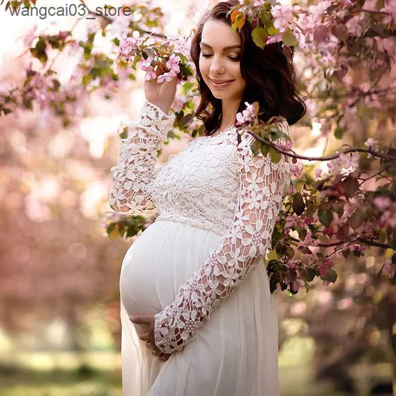 Maternity Dresses Lace Hollow Out Pregnancy Dresses for Photo Session Pregnant Elegant Robe Baby Shower Long Sleeve Maternity Dress Photography L24091