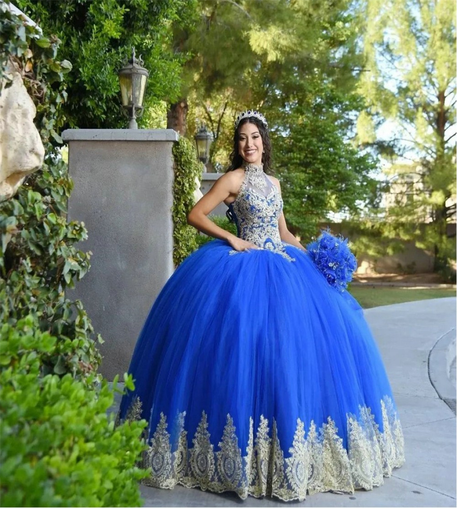 Halter Royal Blue Quinceanera Dresses With Gold Appliques Ball Gown Sleeveless Vestidos De 15 Quinceanera Fifteen Party Dresses Vestido De Debutante 1