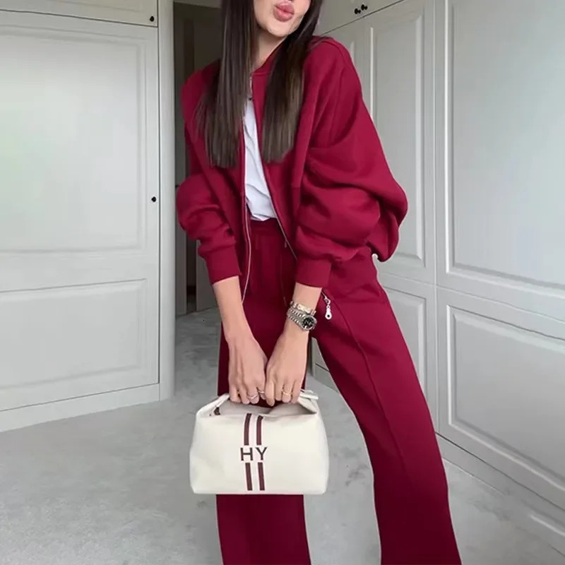 Womens twopiece long pants set solid loose casual full elegant zipper jacket wide leg high waist 241008