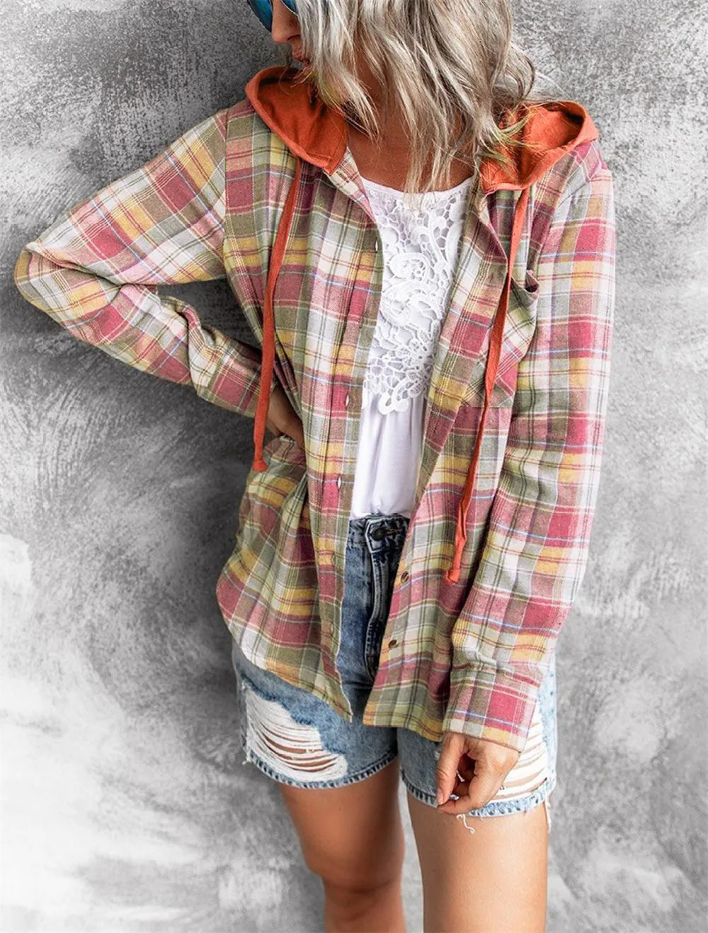 Women Autumn Hooded Collar Plaid Sweatshirt Drawstring Loose Casual Hoodies Button With Chest-pocket 240919
