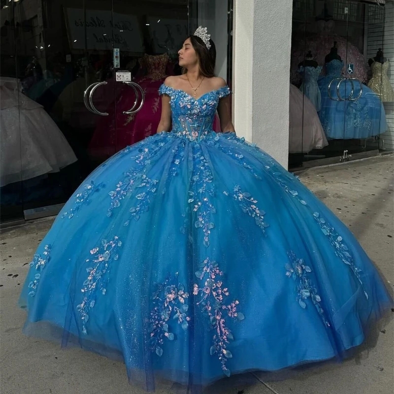 Blue Shiny Quinceanera Dresses Sweet 16 Year Off the Shoulder Floral Applique Tull Beads Party Pageant Wear Vestido VX 15 Anos