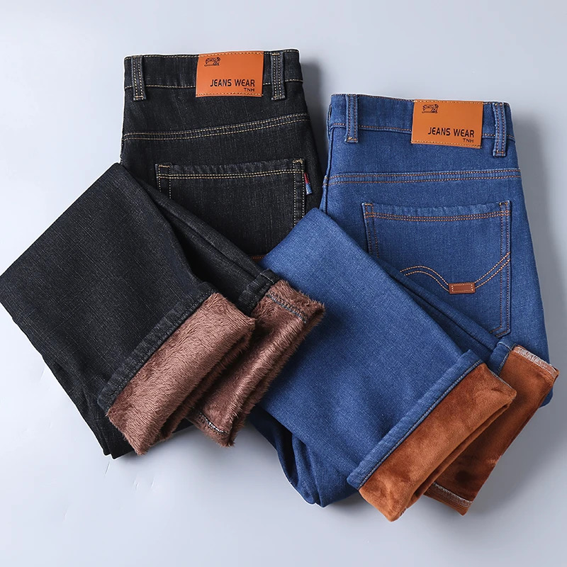 Mens Jeans Denim Autumn and Winter Plush Thickened Loose Straight Large Size Warm Work Casual Long Pants 241011