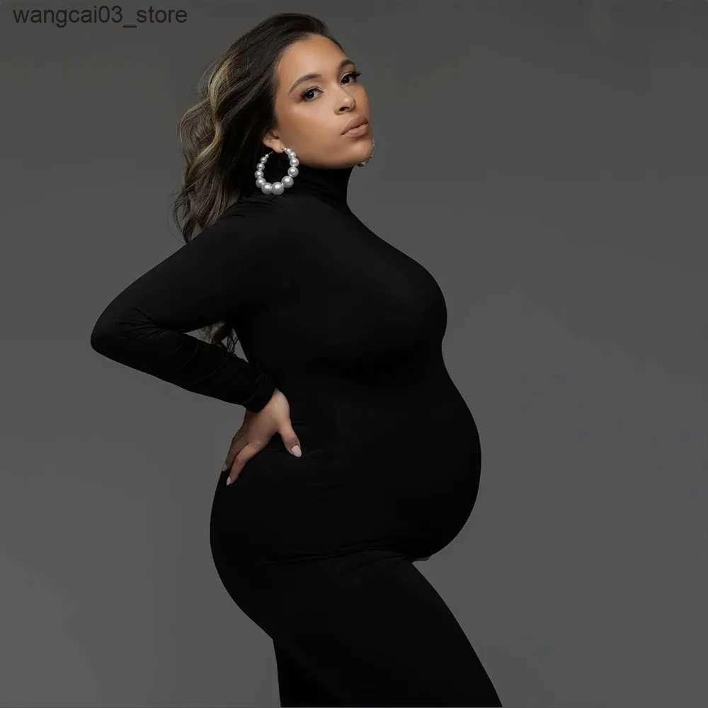 Maternity Dresses High Neck Stretchy Baby Shower Long Dresses Full Sleeve Skinny Maternity Photography Prop Dress L240910