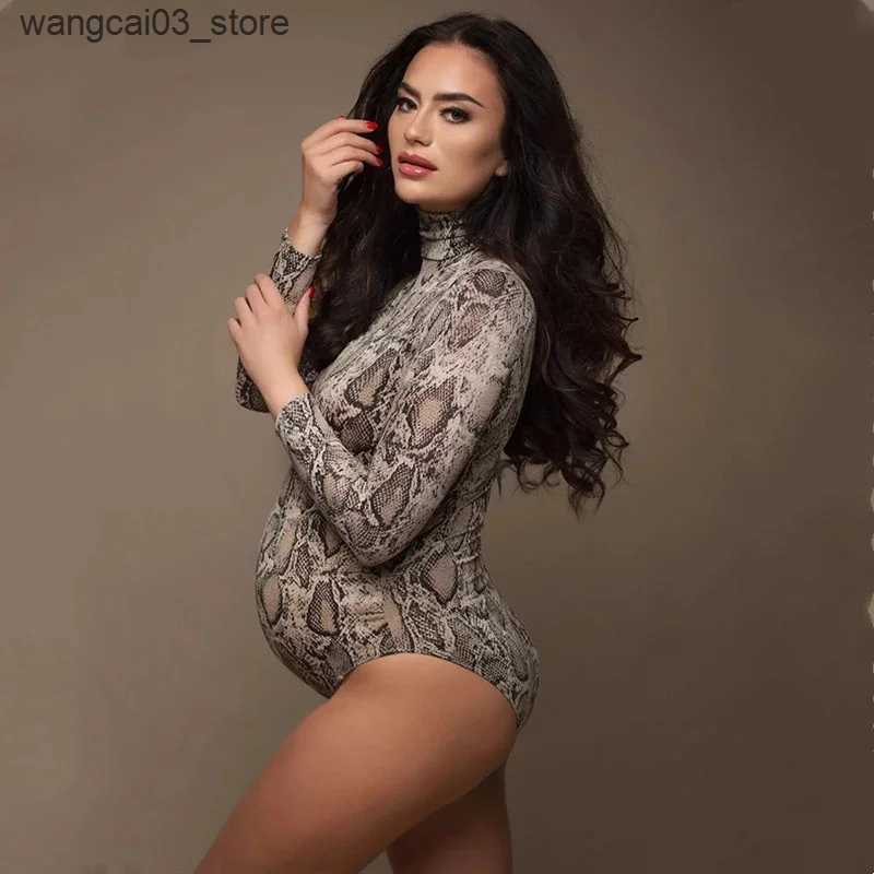 Maternity Dresses Plus Size Leopard Print Stretchy Maternity Photography Bodysuits High Neck Full Sleeve Pregnancy Bodysuit Dress For Photoshoot L2409