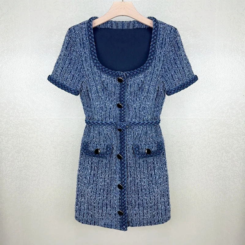 Autumn Coarse Knitted Womens Mini Dress Square Collor Short Sleeve Womens Party Dress with Belt and Pocket 241010
