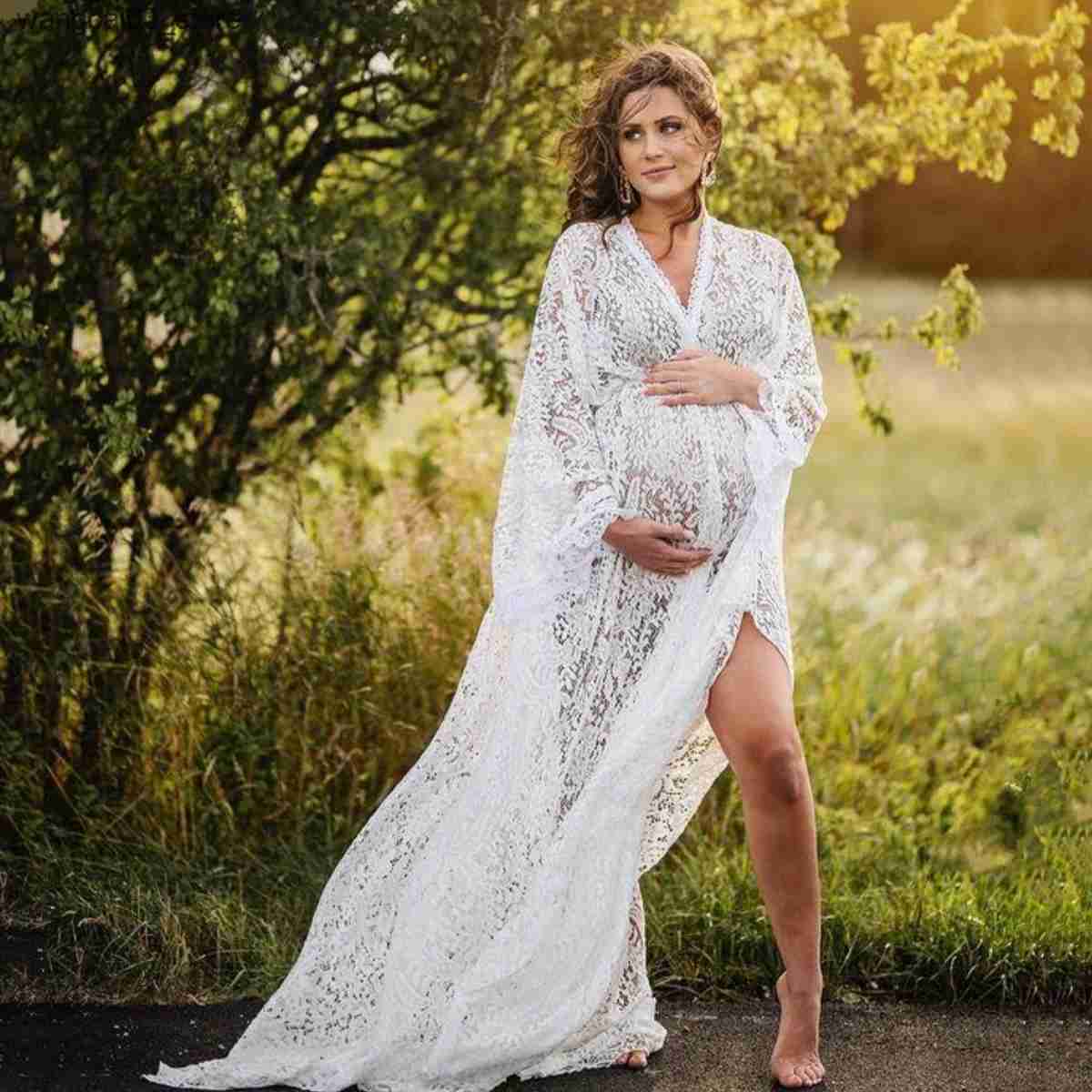 Maternity Dresses Boho Maternity Lace Dresses For Photo Shoot Pregnant Woman Photography Dress Maternity Photo Shooting Maxi Gown V-neck L240910