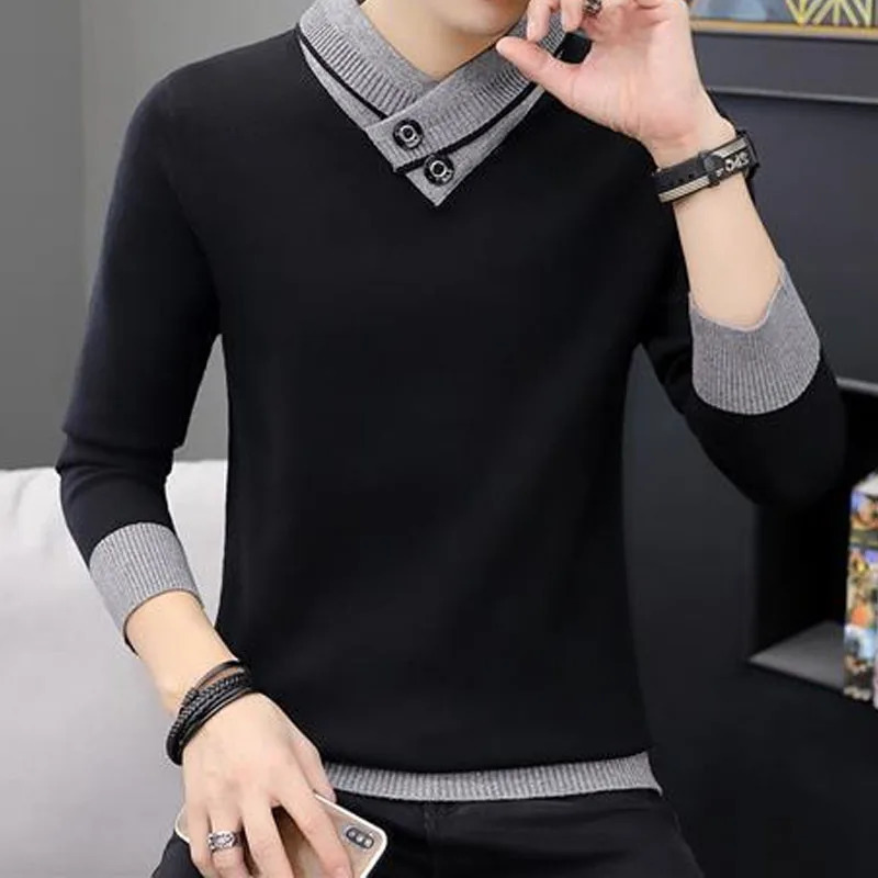 2023 Autumn Winter Mens Turtleneck Thick Long Sleeve Sweaters Korean Trend Solid Color Spliced Knitted Pullovers Male Clothes 240930