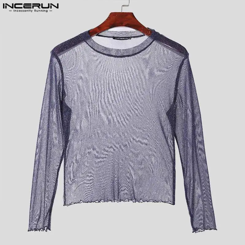 2024 Men T Shirt Mesh Transparent Shiny O-neck Long Sleeve Sexy Camisetas Streetwear Party Fashion Men Clothing S-5XL INCERUN 241011