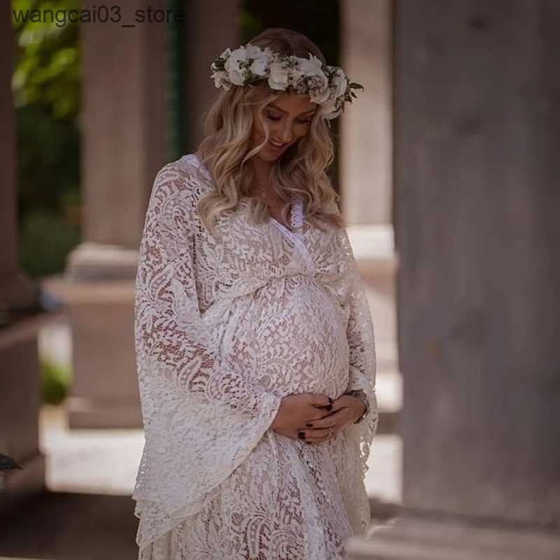 Maternity Dresses Boho Maternity Lace Dresses For Photo Shoot Pregnant Woman Photography Dress Maternity Photo Shooting Maxi Gown V-neck L240910