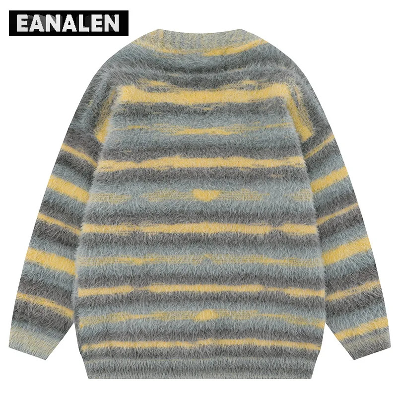 Harajuku black striped knitted cardigan mens retro Korean oversized er tie dye grandfather sweater womens Y2K 241007