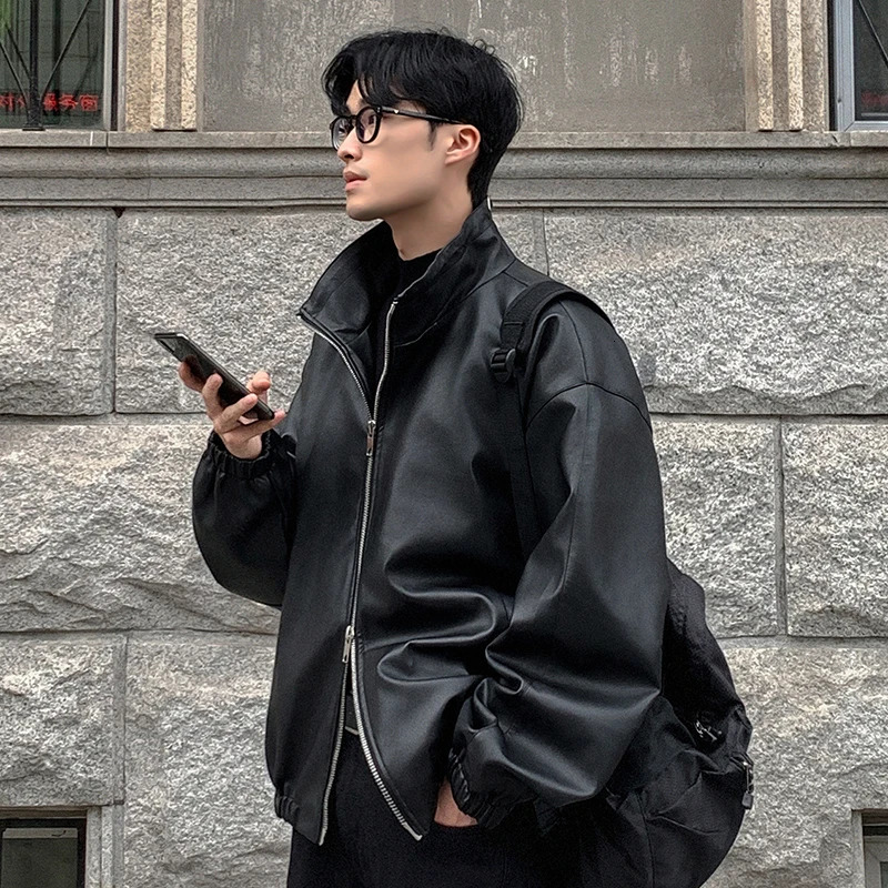 FEWQ American casual trend PU leather mens jacket autumn loose solid color stand up collar mens top Korean fashion 24E2052 241011