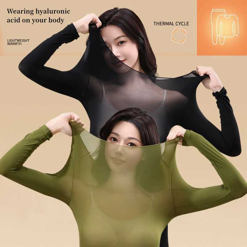 Womens Thermal Underwear 2 pieces of womens hot underwear hyaluronic acid moisturizing seamless long sleeved shirt high elasticity winter and spring Y