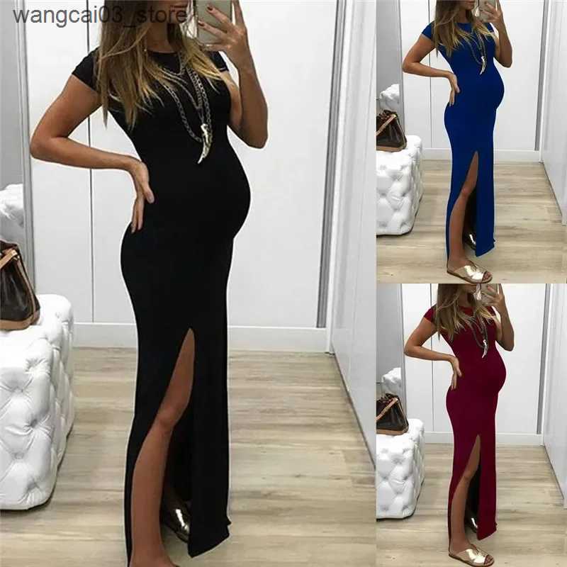 Maternity Dresses Pregnant Tight Open Long Dress Women Solid O-Neck Short Sleeve Maternity Spring Summer Pregnancy Clothes L240910