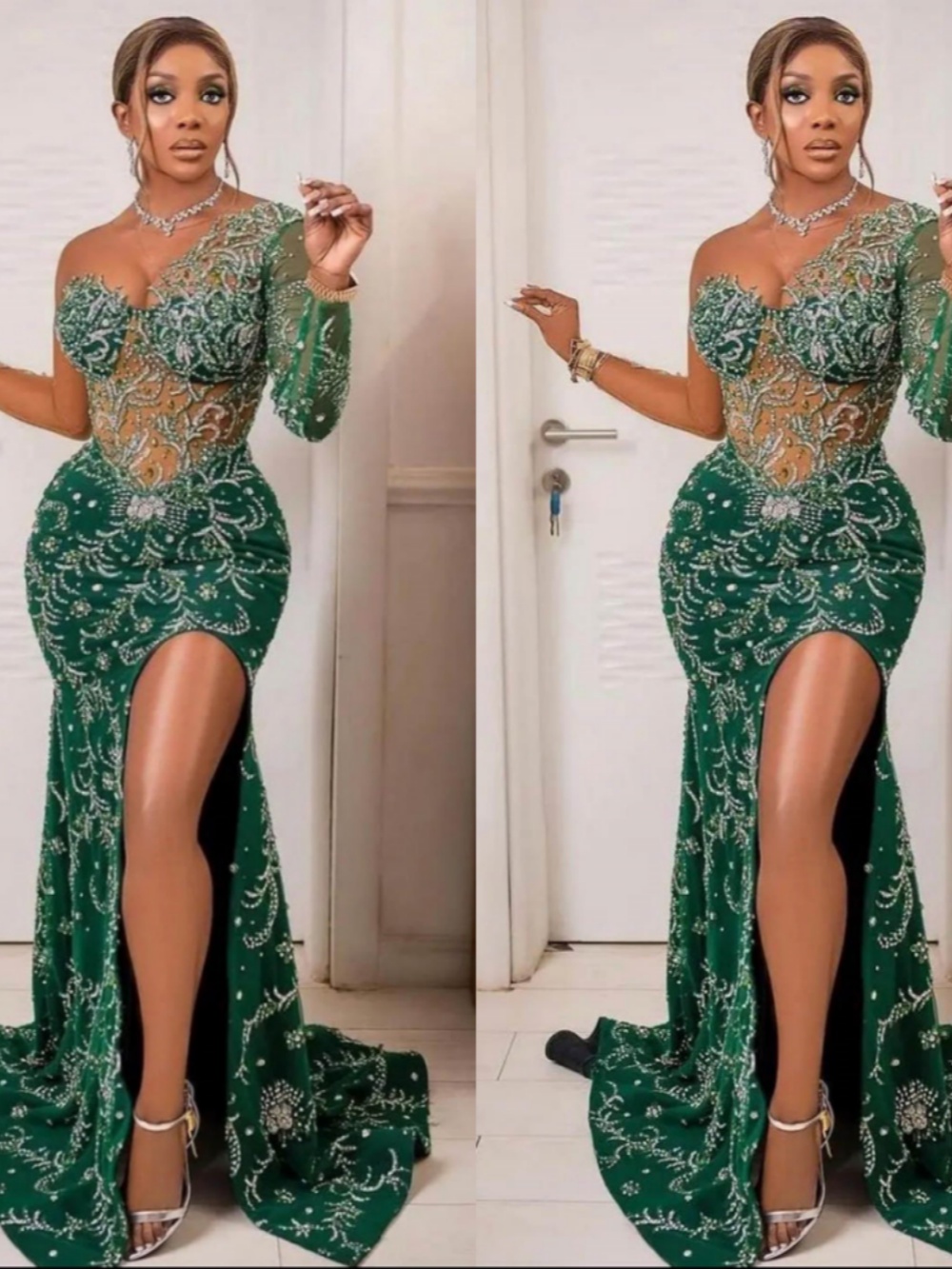Sexy Mermaid Evening Dress Crystal Beaded O Neck Long Sleeve Prom Gowns High Split Sweep Train Formal Dresses Custom Made