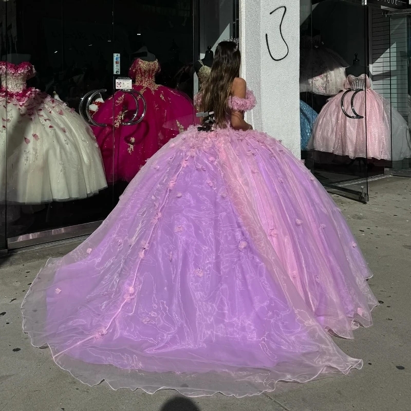 Lilac Quinceanera Dresses Ball Gown Off The Shoulder 3D Flowers Beads Crystal Tull Corset Sweet 16 Vestidos 15 De XV Anos