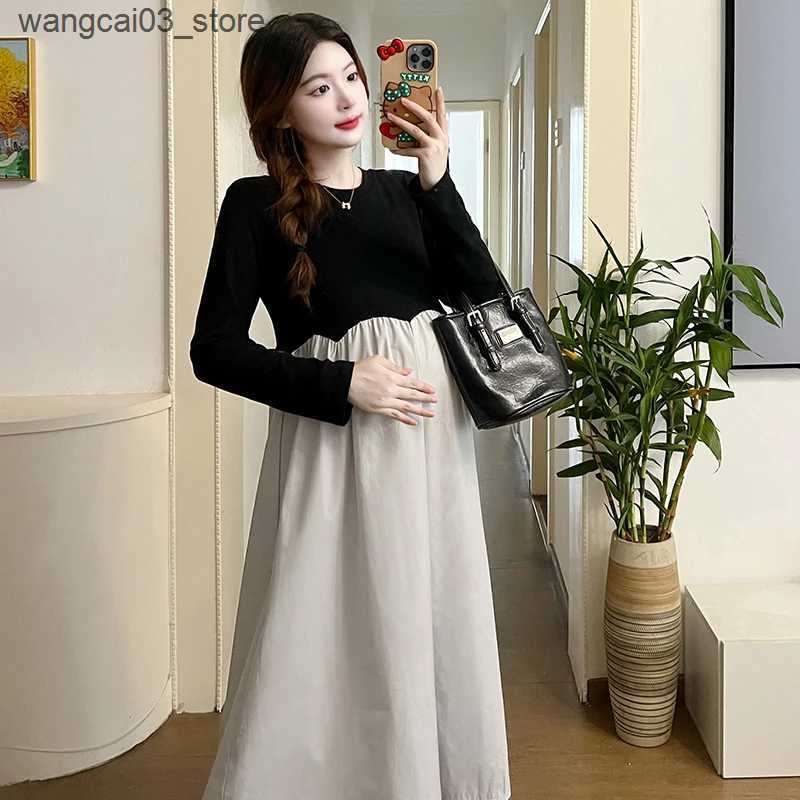 Maternity Dresses 2024 French Style Pregnant Women Elegant Dress Plus Size Long Sleeve O-Neck High Waist Maternity A-Line Dress Long Loose Clothes L24