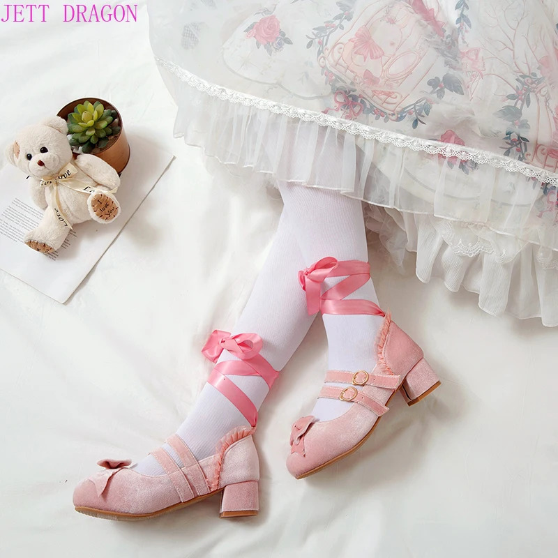 2025 new Spring Autumn Women Pumps Lolita Platform High Heels Red Lace Mary Jane Bow Block Heel Ladies Party Shoes 240927