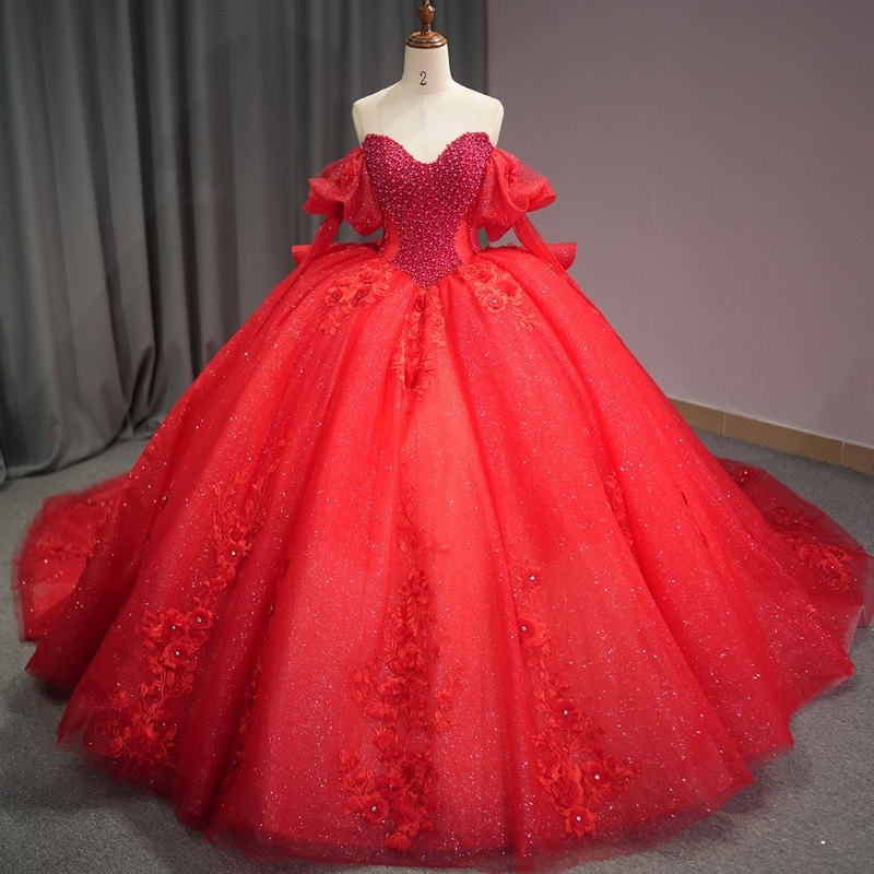 Red Shiny Princess Quinceanera Dresses Beading Appliques Lace Tull Princess Ball Gowns Sweet 16 Dress Party Birthday Vestidos De 15 Anos