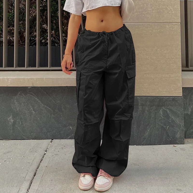 Black Cargo Pants Women Clothes Streetwear Bandage Fashion Pockets Summer Sports Loose Pants Aesthetic Casual Baggy Trousers 241011