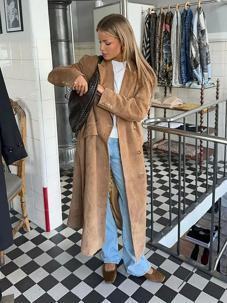 Fashion Khaki Lapel Long Windbreaker Jacket Elegant Casual Suede Leather Women Trench Coat Oversize Autumn Commute Street Outfit 240930