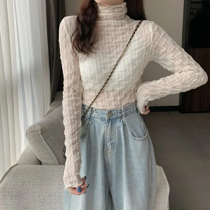 Women Lace Mesh High Collar Bottom Tshirts Female Long Sleeve Autumn Casual Style Tight Thin Tops Clothes 241011