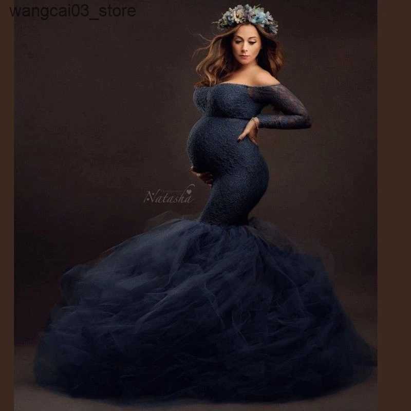 Maternity Dresses Sexy Lace Shoulderless Pregnancy Dress Photography Props Maxi Gown splice Mesh Maternity Dresses For Photo Shoot Clothes L240910