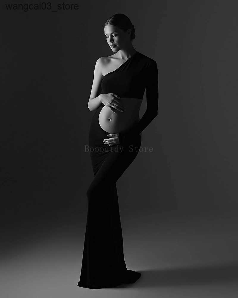 Maternity Dresses Sexy Off-shoulder Maternity Dress with Wrap Front and Hollow Out Design - Irregular Hemline and Solid Color Long Sleeves L240910