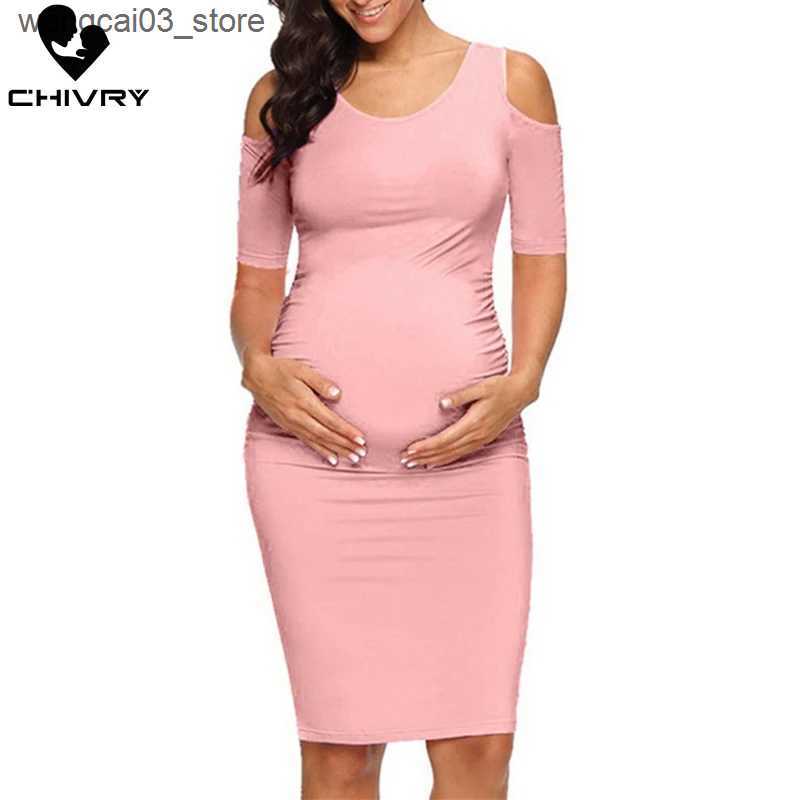 Maternity Dresses Chivry New Maternity Women Pregnancy Dresses Mama Clothes O-Neck Solid Sexy Off Shoulder Bodycon Pregnant Women Casual Dress L240910