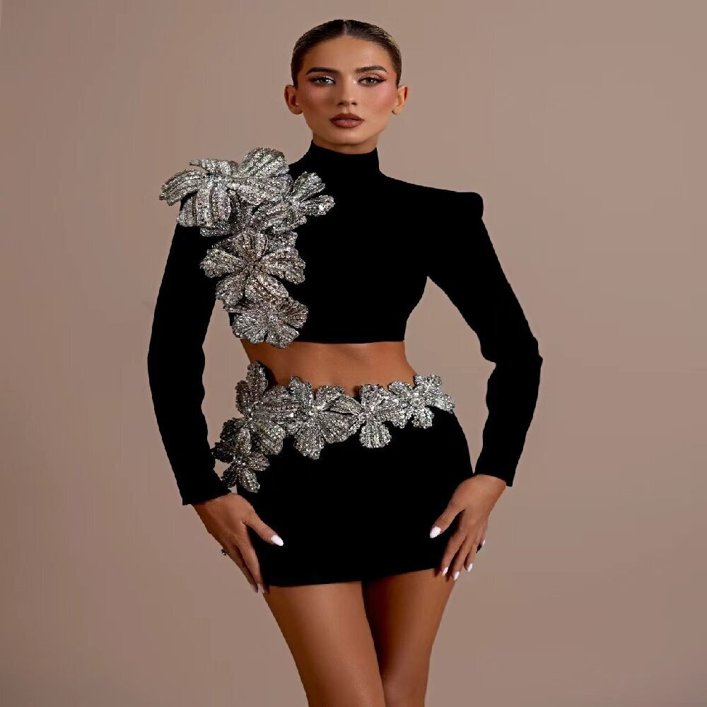 Women's Clothing Fashion Street Black Two Pieces Chic Wer Dias Full Sleeves Short Top&Fit Wrapped Hip Skirt Bandage Set