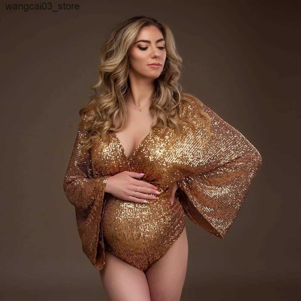 Maternity Dresses Maternity Photo Shoot Photography Dress For Women Sequins Bodysuit Private Photos Sexy Shiny Long Sleeve Jumpsuit Props Costumes L24
