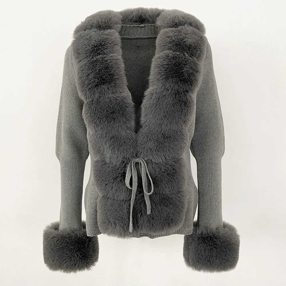 Artificial fur coat luxury patch work knit sweater bandage fur cardigan detachable collar jacket autumn and winter womens artificial fur coat Y241011