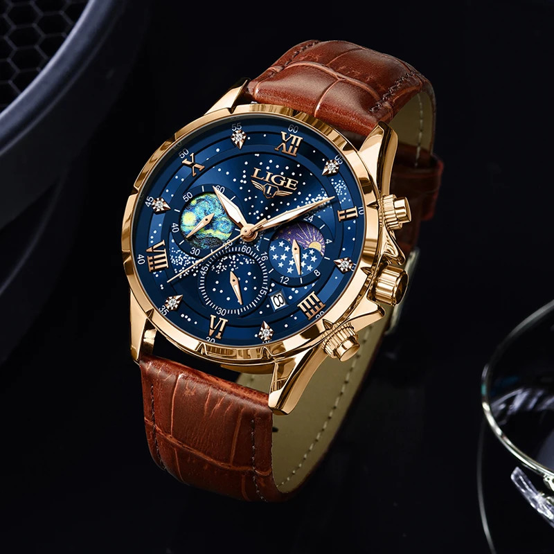 LIGE Mens Watch Casual Sports Watch Mens Waterproof Date Watch Luminous Timing Watch Mens Quartz Leather Watch 241009