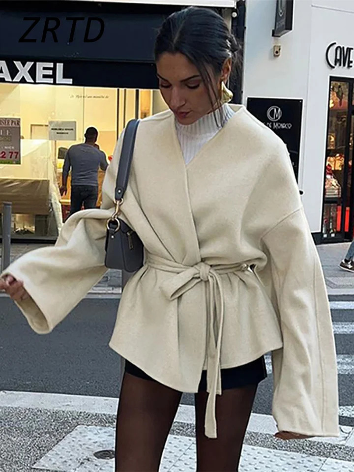 Elegant Fleece Coat With Belt Women Loose Vneck Long Sleeve Lace Up Patchwork Jacket 2024 Autumn Winter Solid High Street Coats 241008