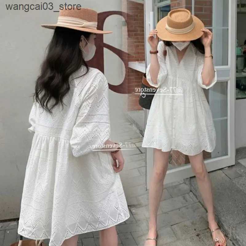 Maternity Dresses 2024 Spring Maternity Clothes Loose Lantern Sleeve V-neck White Cotton Dress for Pregnant Woman Fashion Pregnancy Party Dresses L240