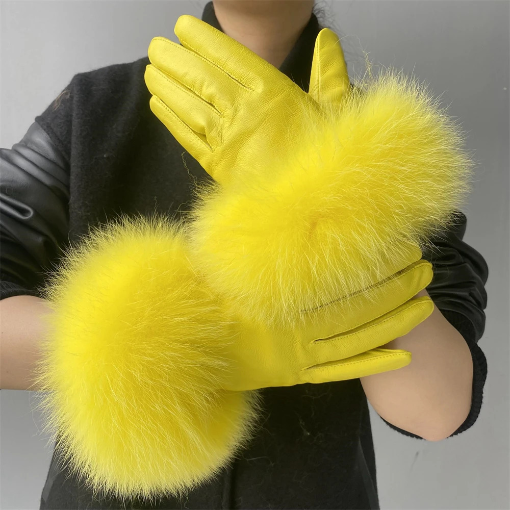 Jxwatcher Wholesale Fox Fur Gloves Real Sheepskin Glove with Natural Fur Genuine Leather Glove Winter Thicken Warm Fluffy Lining 241009